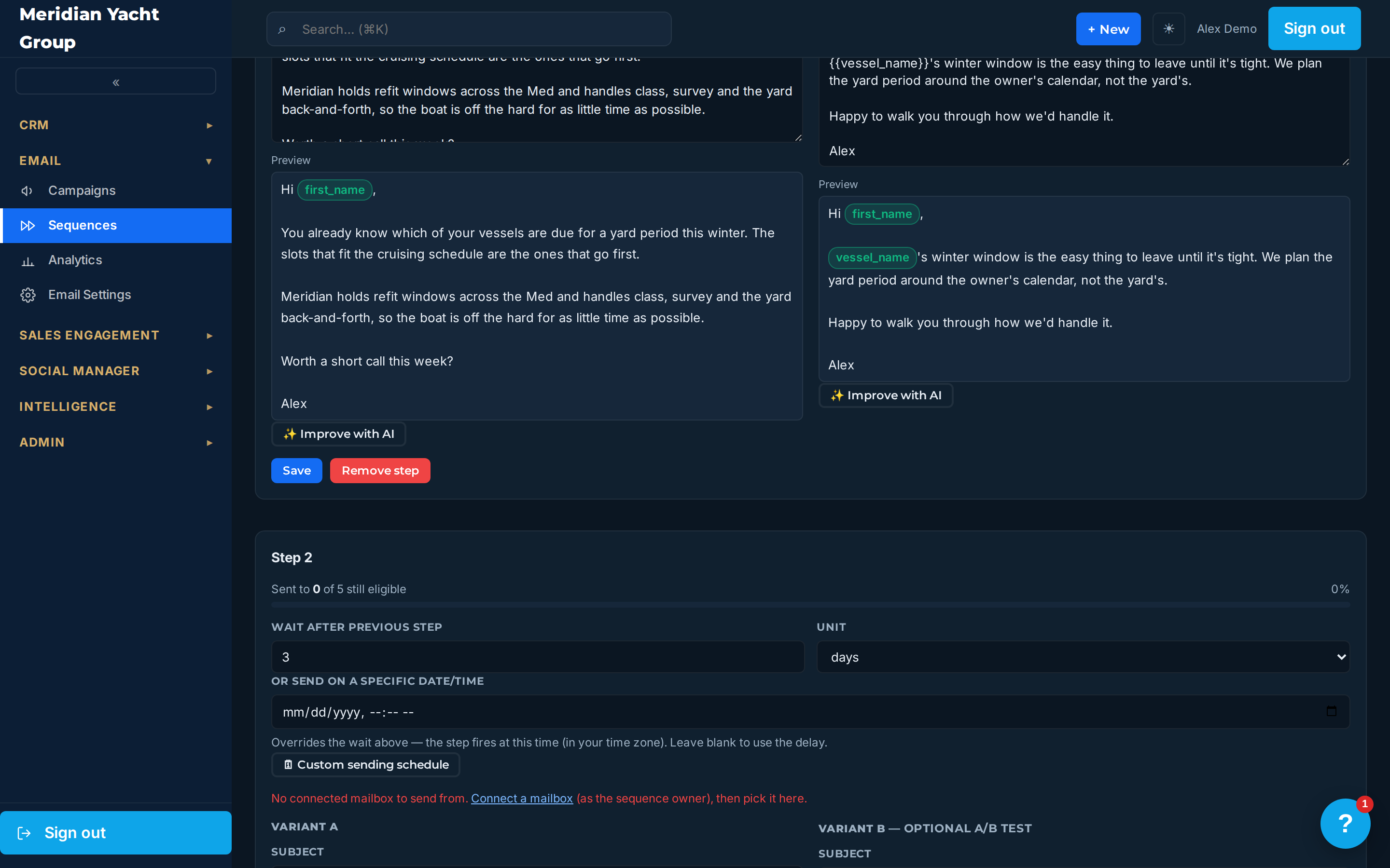 A sequence step editor with an Improve with AI control that rewrites the subject and body against cold-outreach best practices, merge tokens preserved.