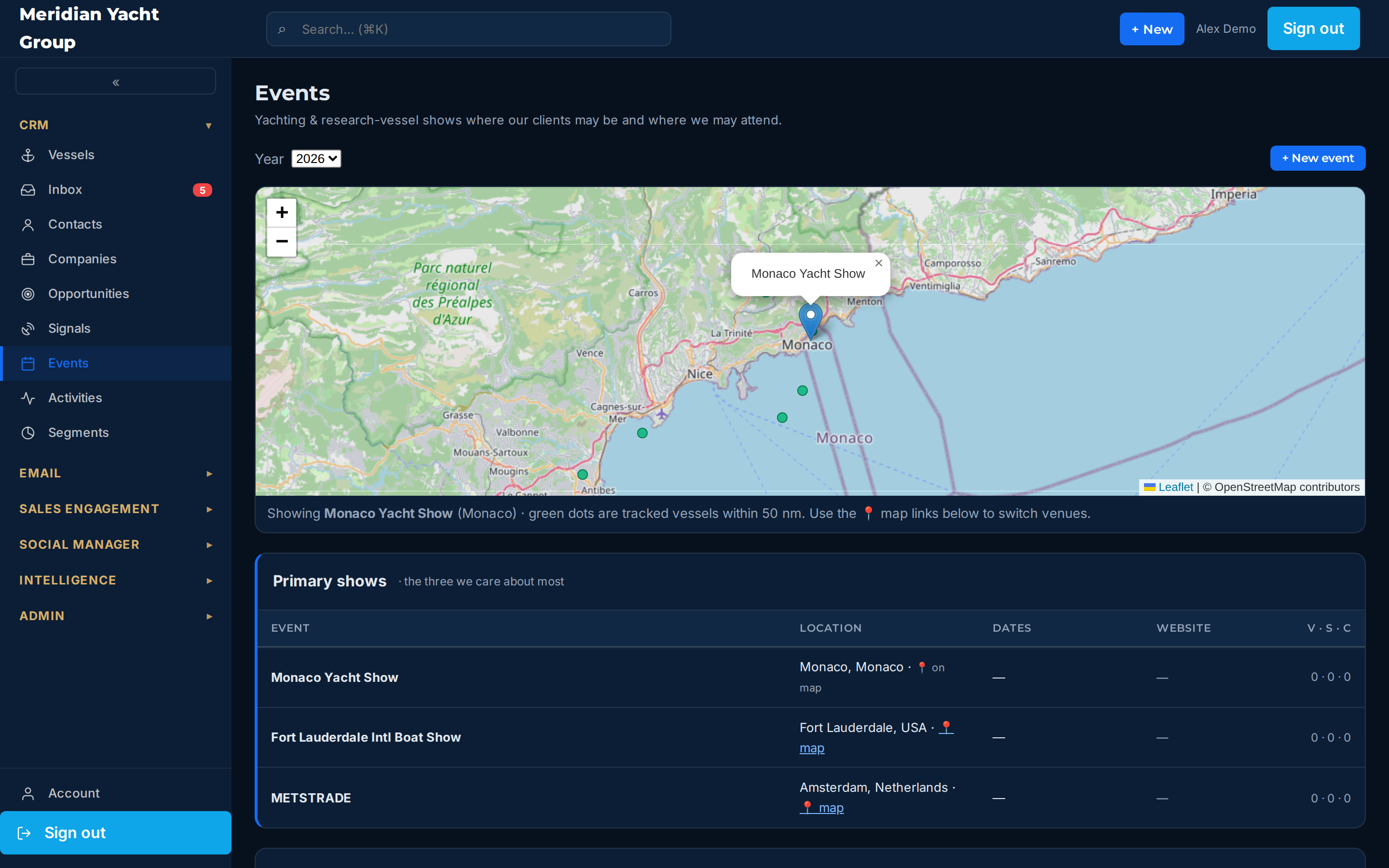 The events calendar with major yacht shows mapped and nearby contacts listed.