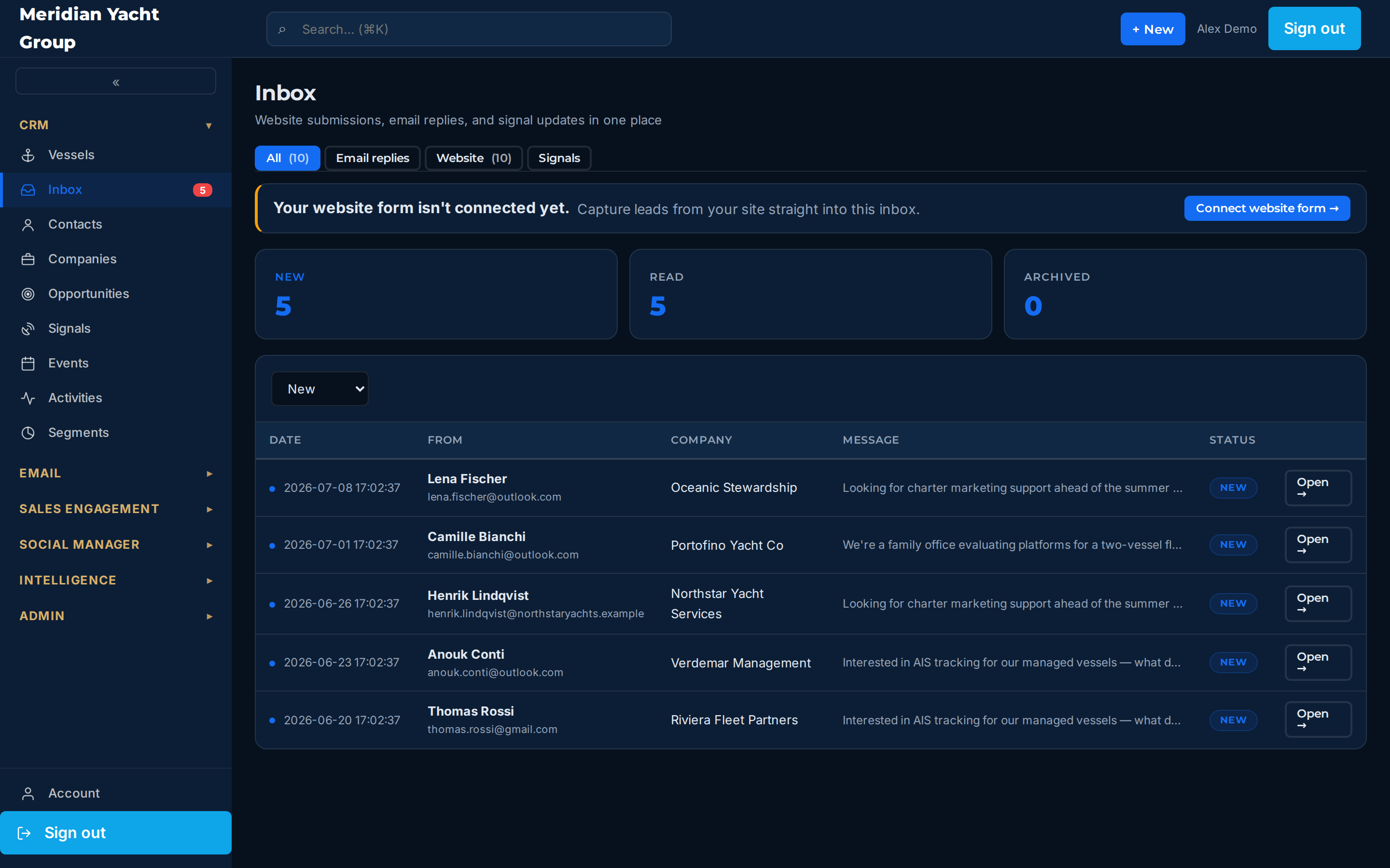 The unified inbox with campaign replies and website enquiries listed by sender.