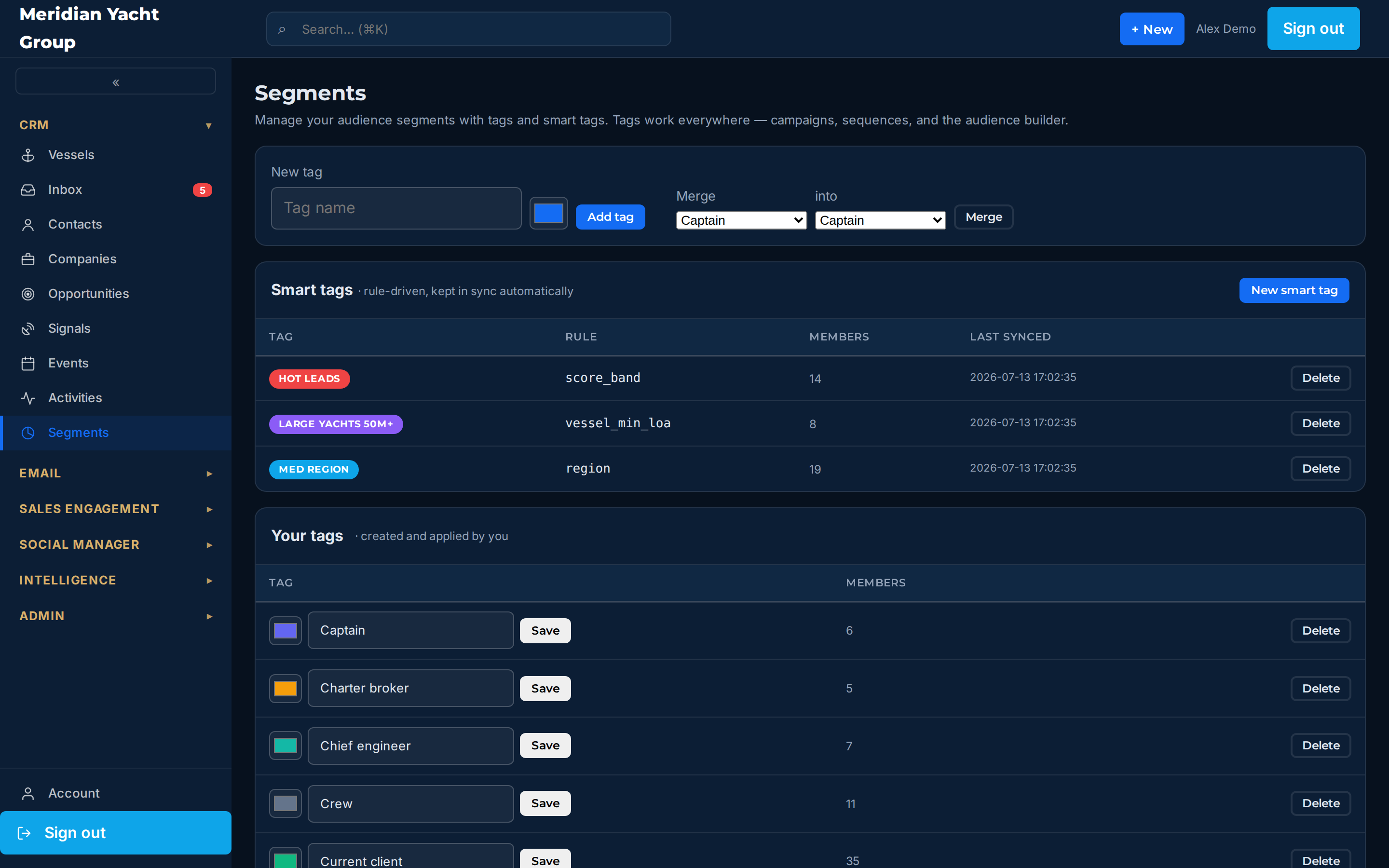The segments screen listing smart, manual and rule-based tags with member counts.