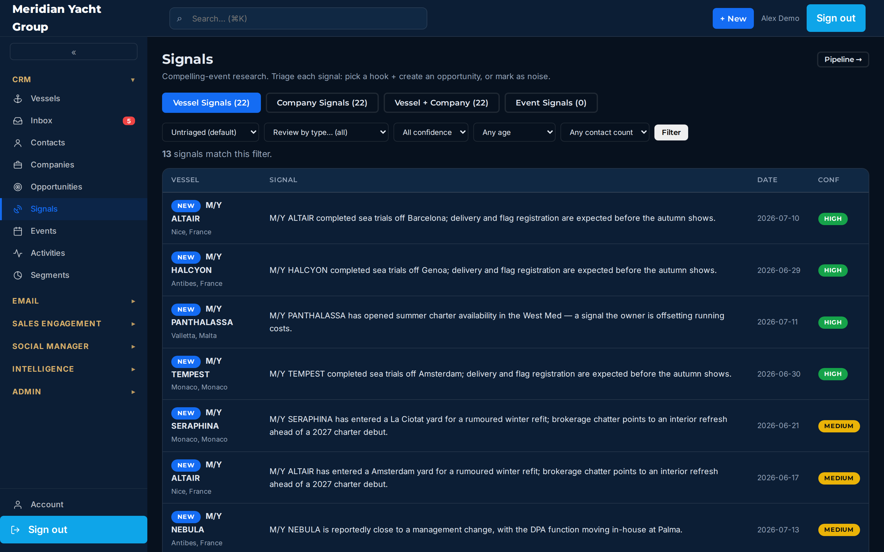 The signals feed listing vessel and company events with confidence badges and summaries.