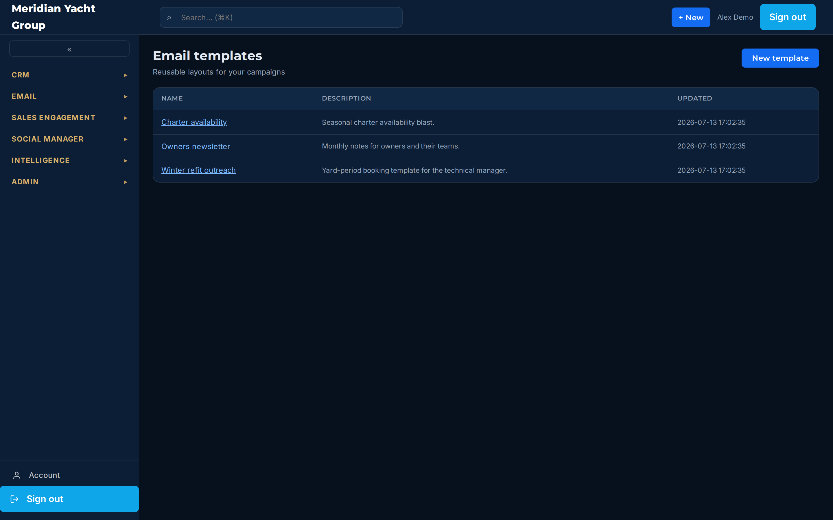 The email templates gallery listing reusable block-based layouts.