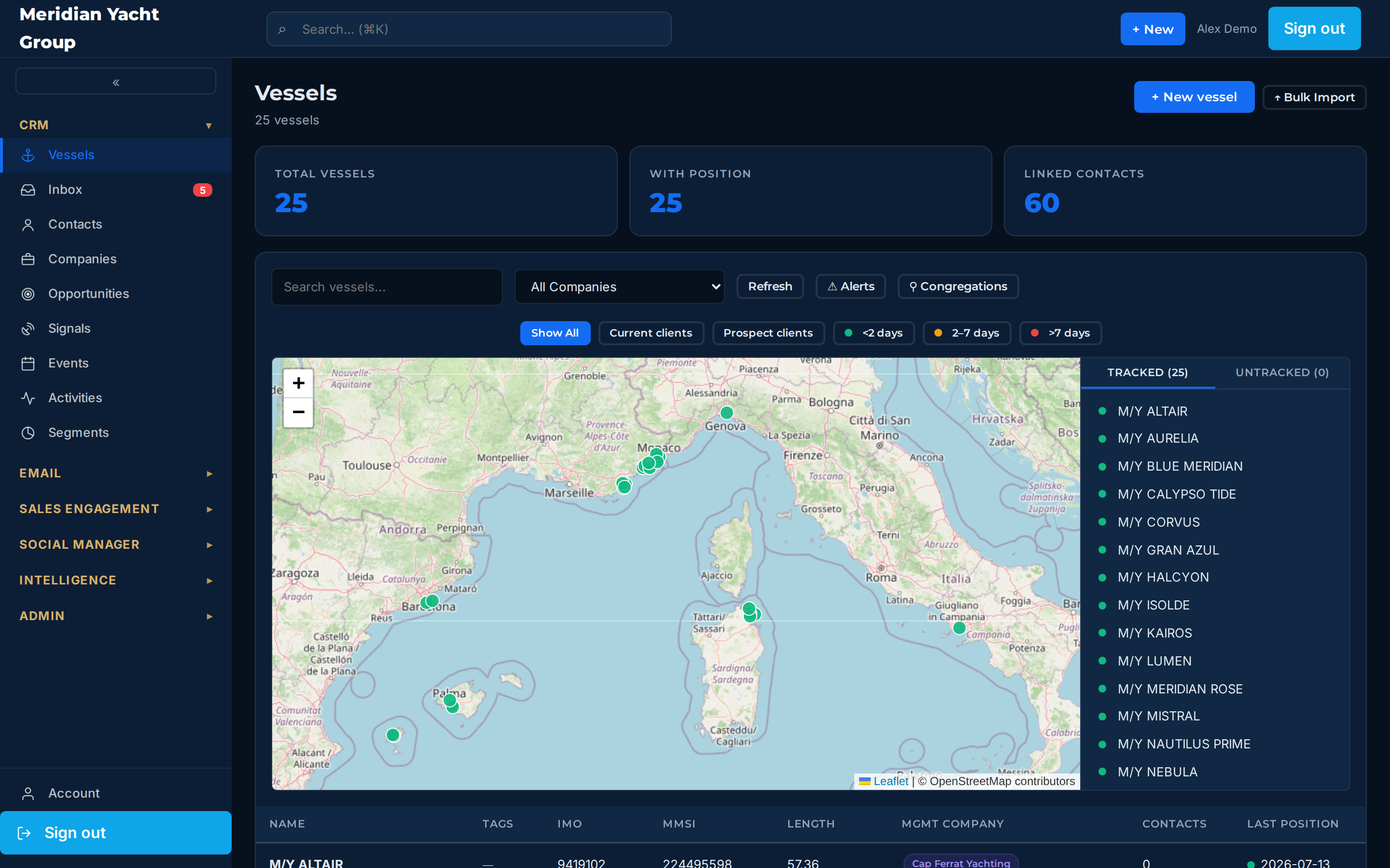 The vessels screen with live AIS positions plotted on a chart of the Mediterranean and a fleet table below.